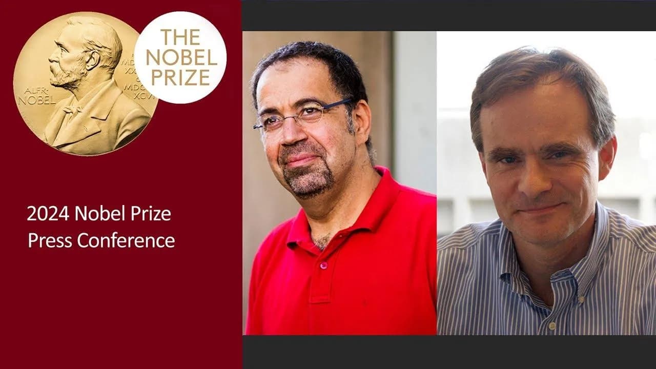 The 2024 Nobel Prize press conference highlights economists Acemoglu and Robinson, featuring a prominent Nobel Prize emblem.
