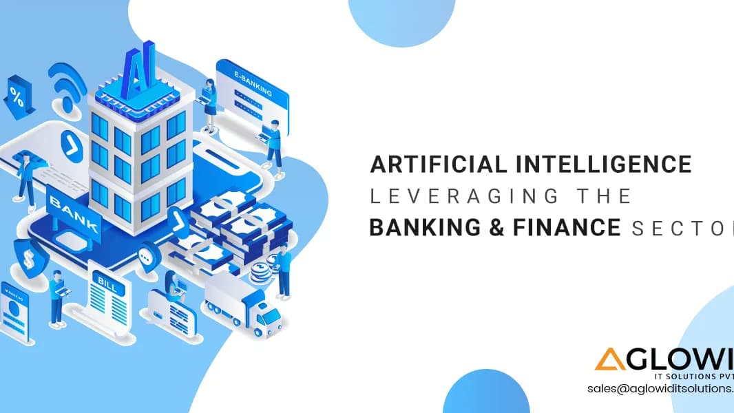 A modern illustration depicts a multi-story bank building surrounded by various financial activities and technology icons, emphasizing the integration of artificial intelligence in the banking and finance sector.