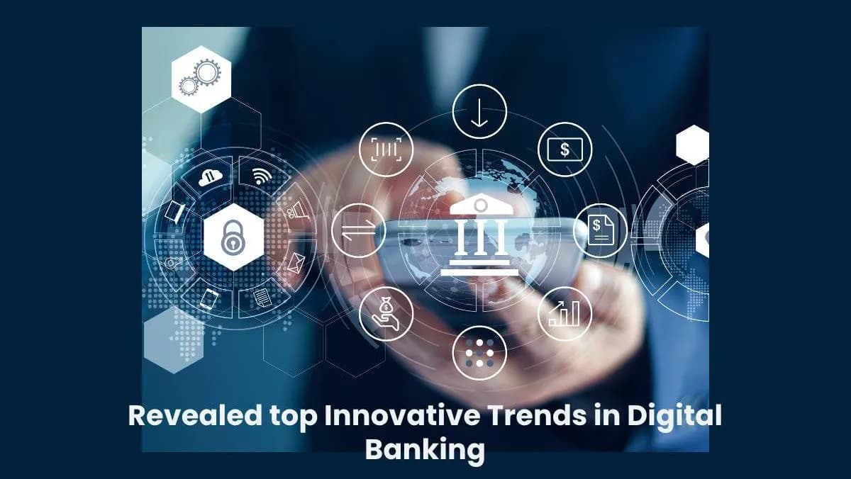 A person is holding a smartphone, surrounded by various icons representing innovative trends and technologies in digital banking, including security, data analytics, and financial symbols.